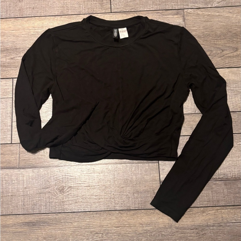 Black Long Sleeve Twist Front Top